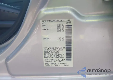 2019 Nissan Altima 2.5 Sr from USA, damaged, VIN 1N4BL4CW9KC237584